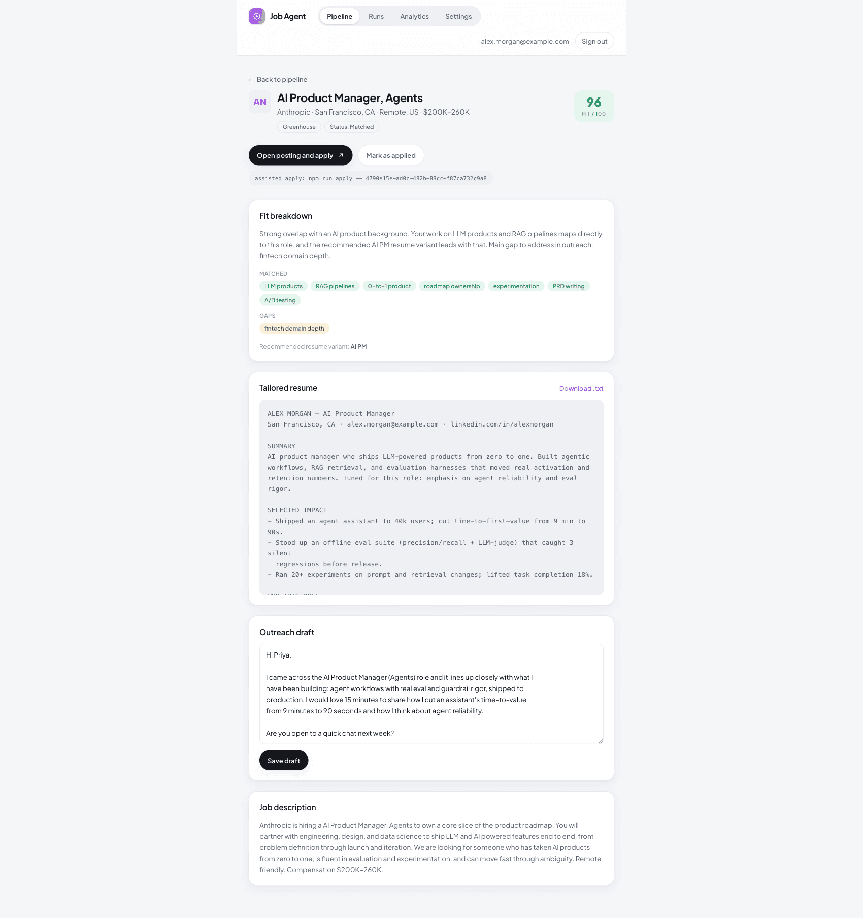 Job detail showing the fit reason, matched skills, gaps, the recommended resume variant and a tailored outreach draft