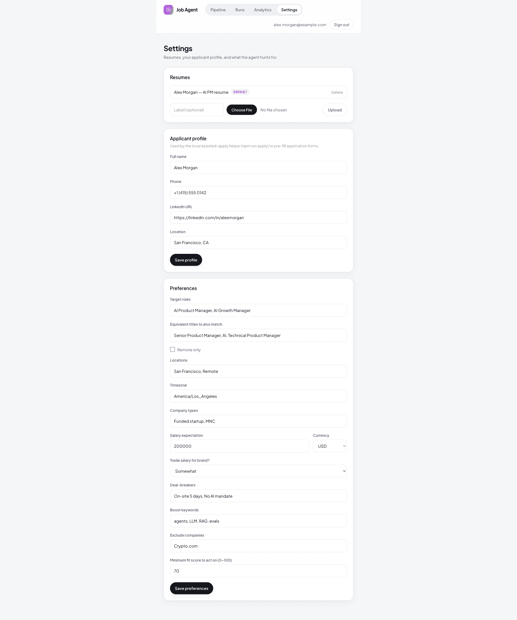 Settings with resume variant management, the applicant profile, keys, schedule and the preferences that drive matching