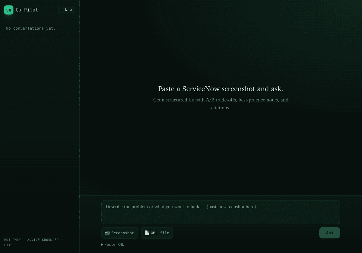 ServiceNow Co-Pilot landing screen with the PDI only, advice grounded, cited tagline