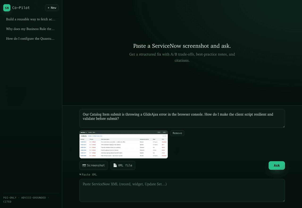 The composer with a typed question, a pasted screenshot preview, and an attached ServiceNow XML export